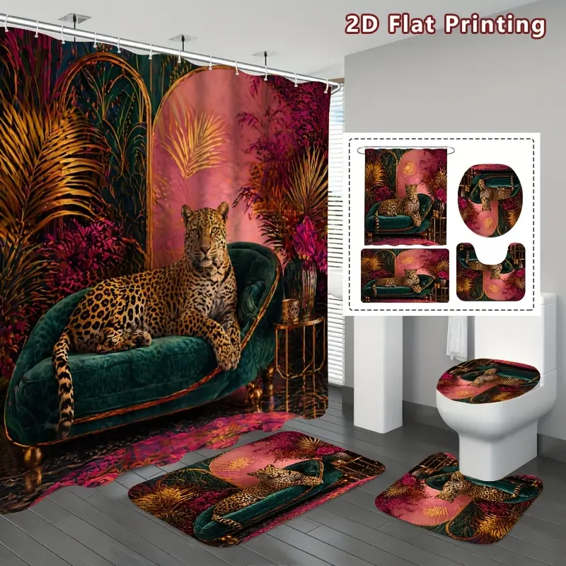 2D Flat, 2D Flat 4pcs Exotic Leopard Shower Curtain Set, Pink and Green Jungle - Inspired Bathroom Decor, Accessories with Bath Mat, U - Shaped Mat, Toilet Lid Cover, Shower Curtain Includes Hooks, Jungle Glam, Home Decor, Bathroom Accessories.