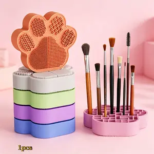 2-in-1 Cat Paw Makeup Brush Cleaner Storage Box Silicone Organizer Holder