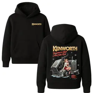 Retro Pin-Up Girl Sitting on Open-Hood Kenworth Truck with Snowflakes Design, Kenworth Christmas Ride Hoodie, Soft Cotton Blend Fabric, Unisex Fit for Truck Drivers, Perfect Christmas Gift for Kenwort Seamless Polyester Menswear