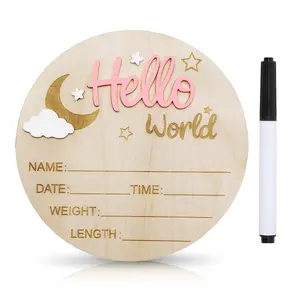 Baby Announcement Sign, Wooden Hello World Newborn Signs, Birth Sign and Pen, Moon and White Cloud Decoration, Welcome Newborn Arrival to World, Hospital Nursery for baby
