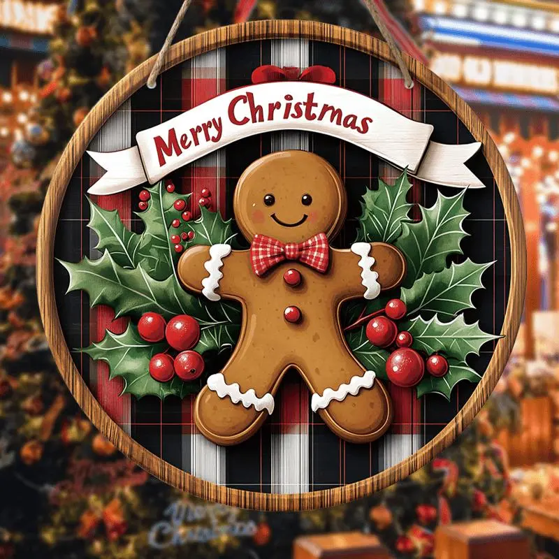 Gingerbread Man Pattern Wooden Hanging Sign, 1 Count Merry Christmas Round Hanging Ornament, Hanging Decor for Home Front Door Wall Porch