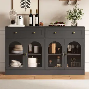 55" Black Farmhouse Sideboard Buffet Cabinet with Glass Display, 2 Drawers & Storage for Kitchen, Dining Room, Living Room