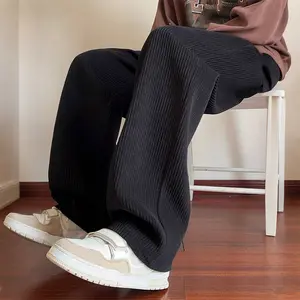 Men's Plain Drawstring Waist Straight Leg PantsLoose Street Style Casual Comfy Pocket Trousersfor Daily Wear, Men's Knitted Bottoms for WinterMenswear pant