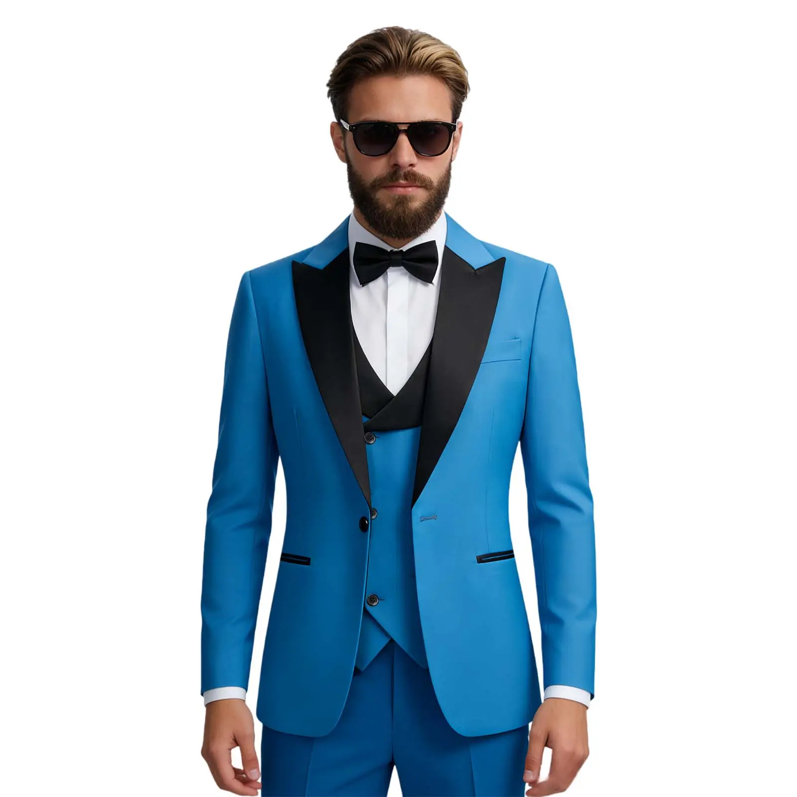 Men's Elegant Suit 3-Piece Tuxedo Formal Wear Set - Long Sleeve Satin Shawl Lapel Blazer, Vest, Pants, Free Bow Tie, Slim Fit for Wedding, Business, Evening,