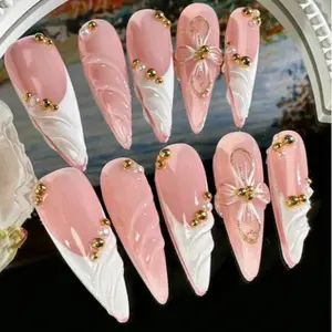 10pcs Handmade 3D Flower French Manicure Pointed Shiny Gold Long Press-On Nails, Suitable For Women And Girls Daily Wear Nail Supplies Handmade Press On Nails, Flower Design Nails