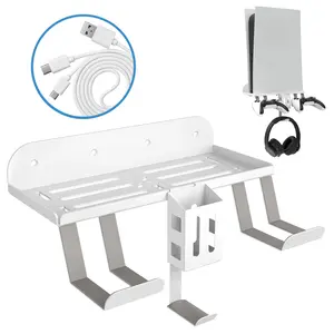 PS5 Wall Mount Kit with Charging, 6-in-1 PlayStation 5 (Disc & Digital) Metal Wall Stand with Data Charging Cable/Controller Hanging Bracket/Remote Box/Headset Hanger