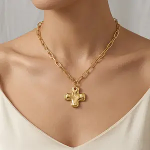 Hammered Cross Pendant Necklace ,14K Gold Plated Paperclip Chain ,Chunky Vintage Statement Jewelry Gift for Birthday Christmas Valentine’s Day