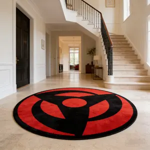 Kaleidoscope wheel eye circular carpet red and black contrast flocking floor mat porch living room anti-skid wear-resistant foot pad cool animation atmosphere decorative pad suitable for ins style/anime family decoration Abstract Indoor Area Rugs