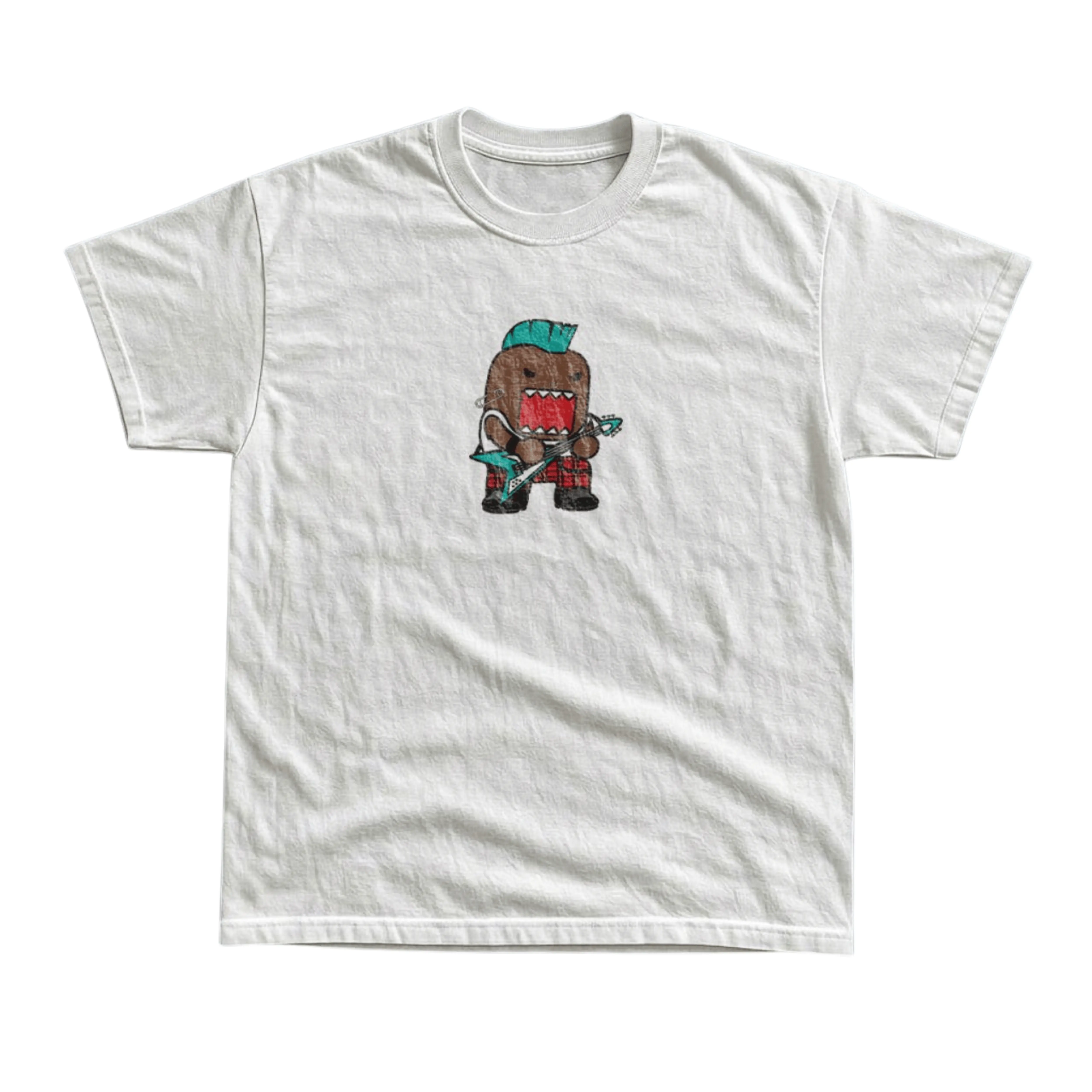 Gildan Men's and Women's T-shirt, Vintage Style Punk Rock Brown Square Monster Graphic Tee, Green Mohawk Teal Electric Guitar, Red Plaid Kilt, Sawtooth Teeth, Y2K Emo Pop Punk Aesthetic, 2000s Nostalgia Harajuku Streetwear, Kawaii Rockstar, Unisex Top.