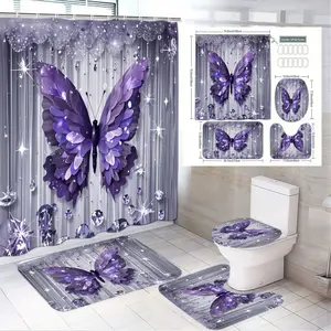 4pcs Elegant Purple Butterfly Bathroom Decor Set with Striped Shower Curtain, Matching Toilet Seat Cover, and Decorative Floor Mats, Perfect for a Glamorous Spring Refresh with Stunning Silver Accents and Sparkling Details