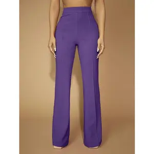 Women’s Purple Polka Dot Pants, Regular Fit, Zip Closure, Elegant OL Office Wear, Chic Knit Fabric, Extra-Long Length — Basic Women’s Bottom