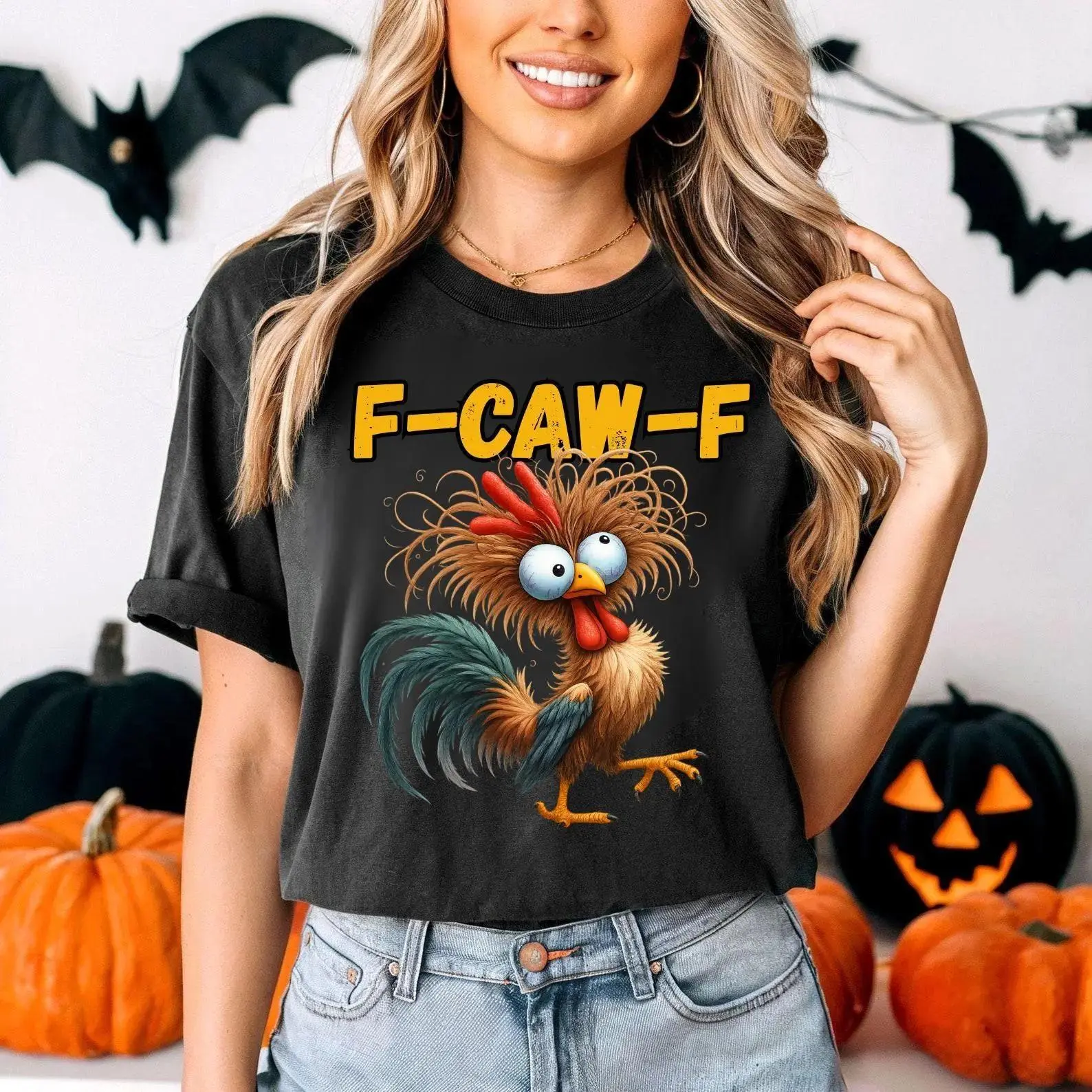Funny Screaming Rooster Graphic T-Shirt for Women, All-Season Loose-Fit 100% Cotton Short Sleeve Casual Tops, Shortsleeve, Tshirt, All Seasons, Funny F-Caw-F Rooster Print, Plain Print, Comfortable, Breathable