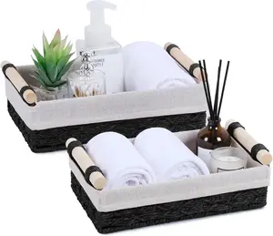 2 Pack Black Wicker Storage Basket with Wooden Handle, Paper Rope Decorative Toilet Paper Basket, Bathroom Organizer for Toilet Tank Top, Shelves, Bedroom, Countertop, Home and Office Storage Bins