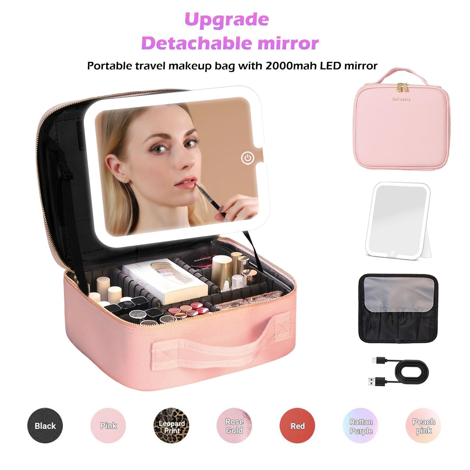 Behaesty Portable Makeup Bag with 3-Color LED Light Detachable Mirror 2000mAh USB Rechargeable Waterproof PU Leather Org