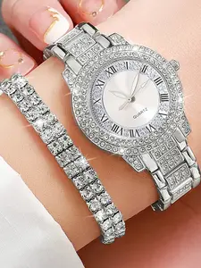 6-piece set of treasure basin quartz watch with full diamond embellishment for women, simple claw chain fashion watch set