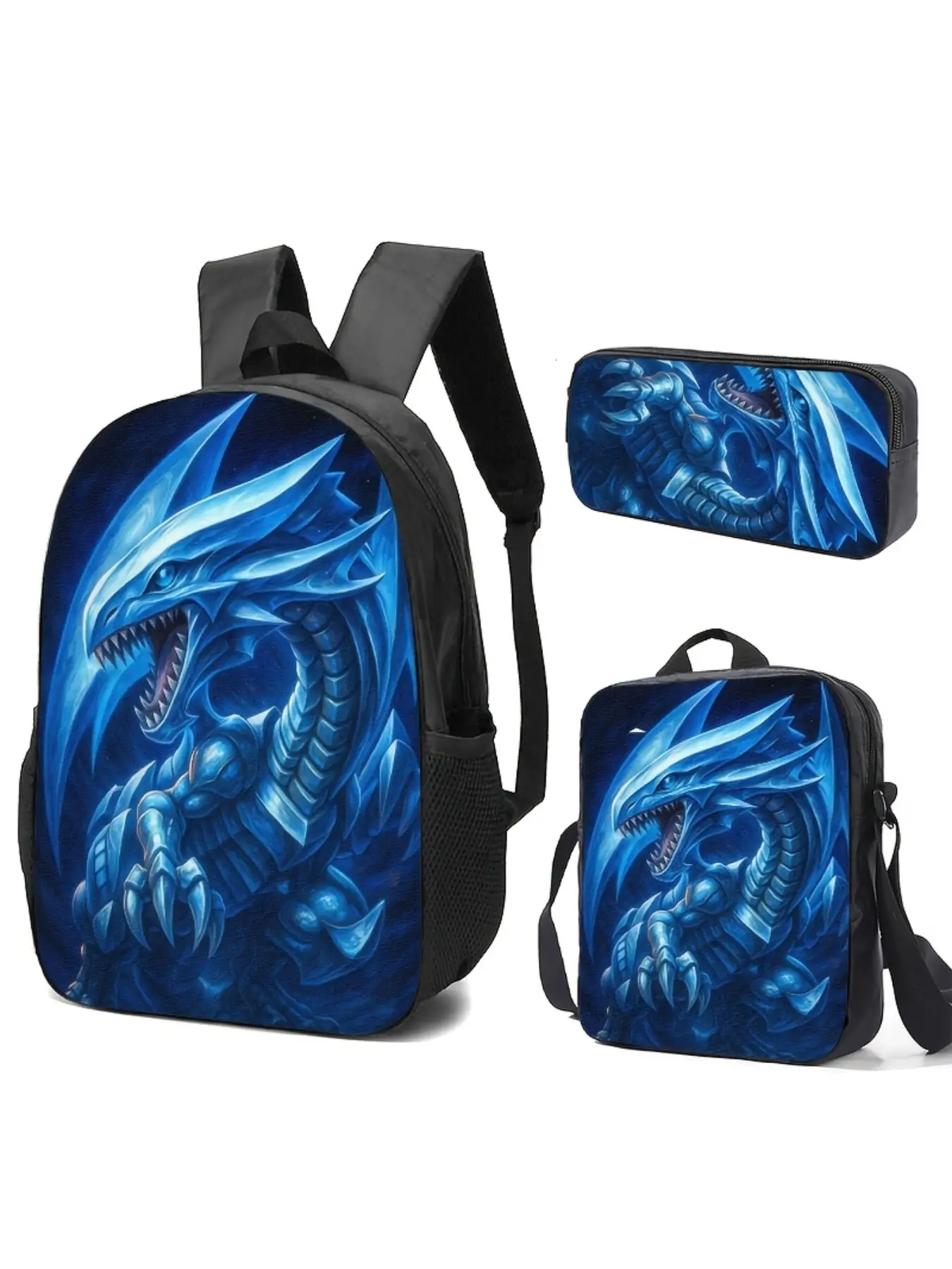 Blue Dragon-themed Backpack, Pencil Case & Lunch Bag Set with High-res Print, Adjustable Straps, Spacious Capacity for Daily Use.