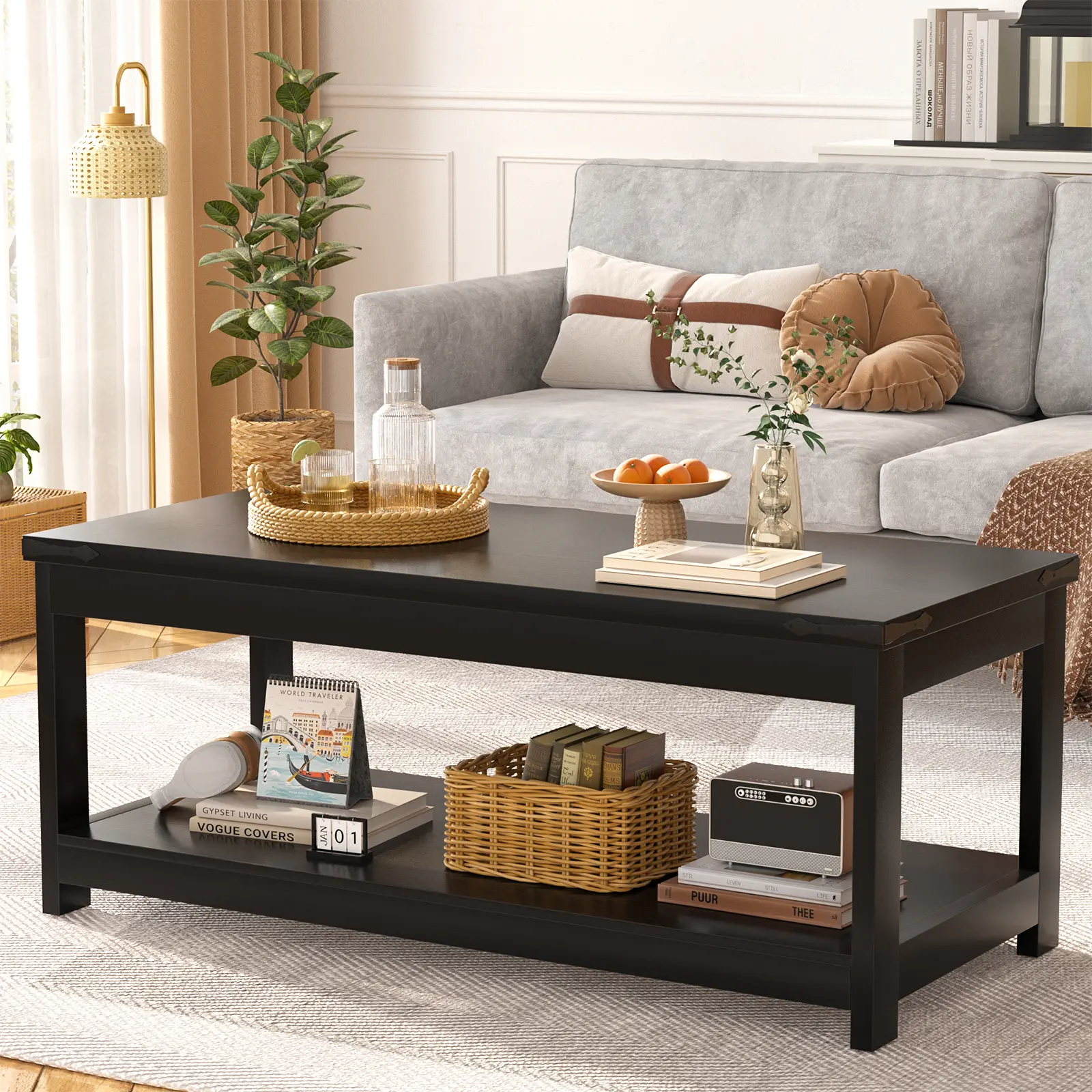 Homieasy Gorgeous Coffee Table, 43.3” Farmhouse Wood Coffee Tables for Living Room, Coffee Tables with Storage Shelf, Modern Center Tea Table