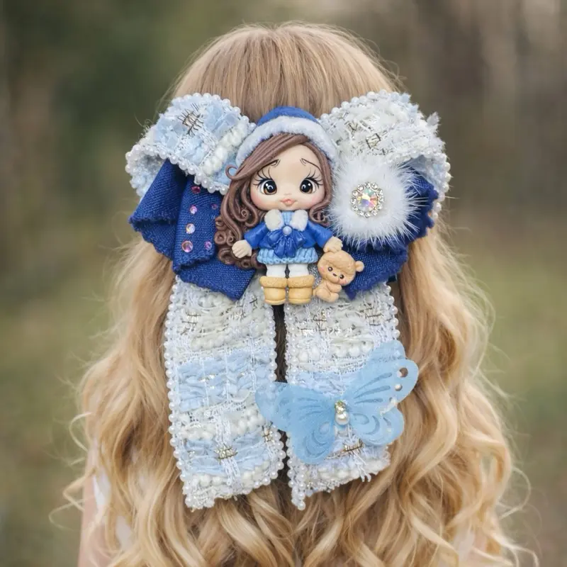Headband with Blue Dress Girl and Teddy Bear Charm for Stylish Hair Accessory
