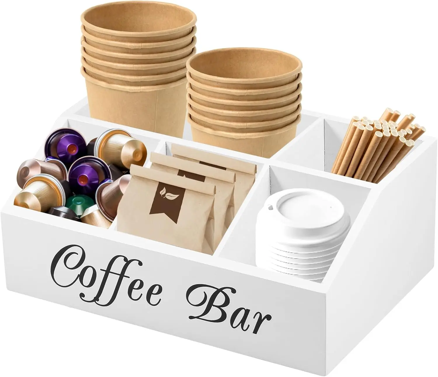 Coffee Station Organizer 5 Compartments Tea Chest Box Coffee Bar Accessories Caddy Wood Vintage Coffee Pods Holder Coffee Condiment Tray for Countertop Sugar Packet Sweeteners(white)