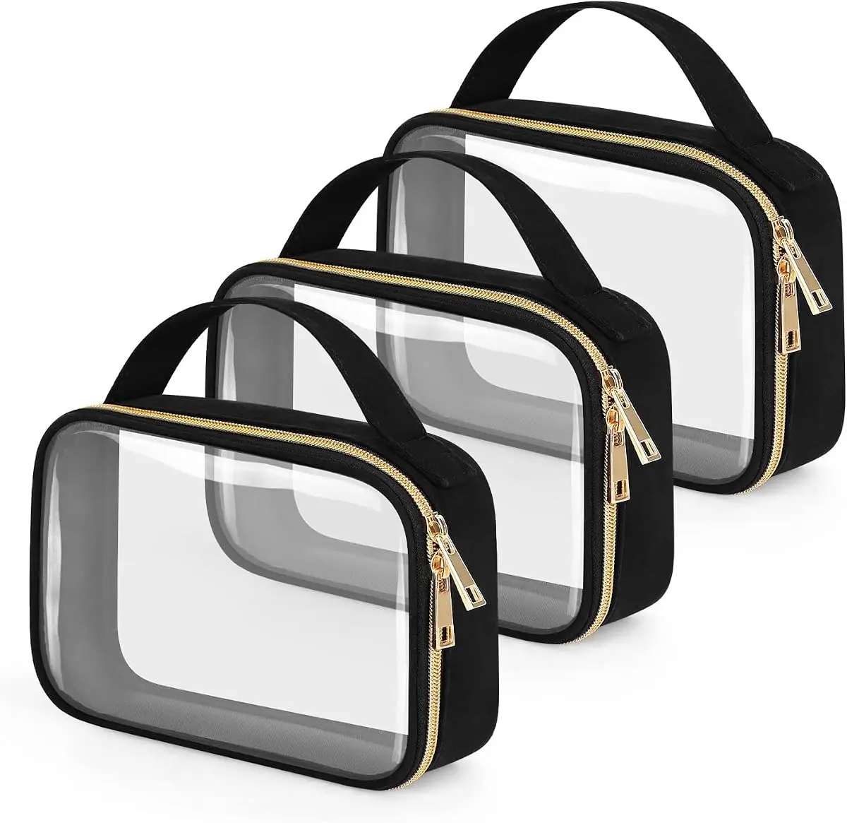 3-Pack Clear Toiletry Bag Set - Qt-Size Travel Makeup Bags with Handles, Airline Carry-On Compliant