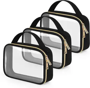 3-Pack Clear Toiletry Bag Set - Qt-Size Travel Makeup Bags with Handles, Airline Carry-On Compliant