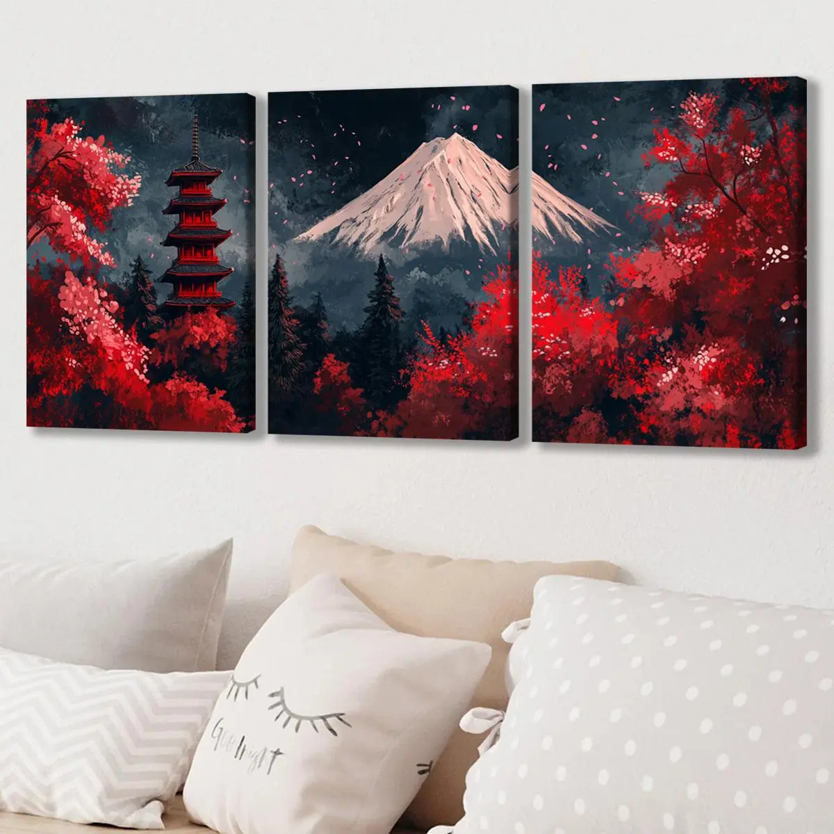 Wooden Framed Canvas Painting, 3 Counts/set Japanese Landscape Art Temple Cherry Blossoms Wall Art, Wall Decor Pictures, Home Decoration Poster, Room Mural, Office Poster, Ornaments