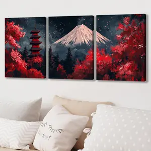 Wooden Framed Canvas Painting, 3 Counts/set Japanese Landscape Art Temple Cherry Blossoms Wall Art, Home Decoration Poster, Room Mural, Office Poster, Ornaments