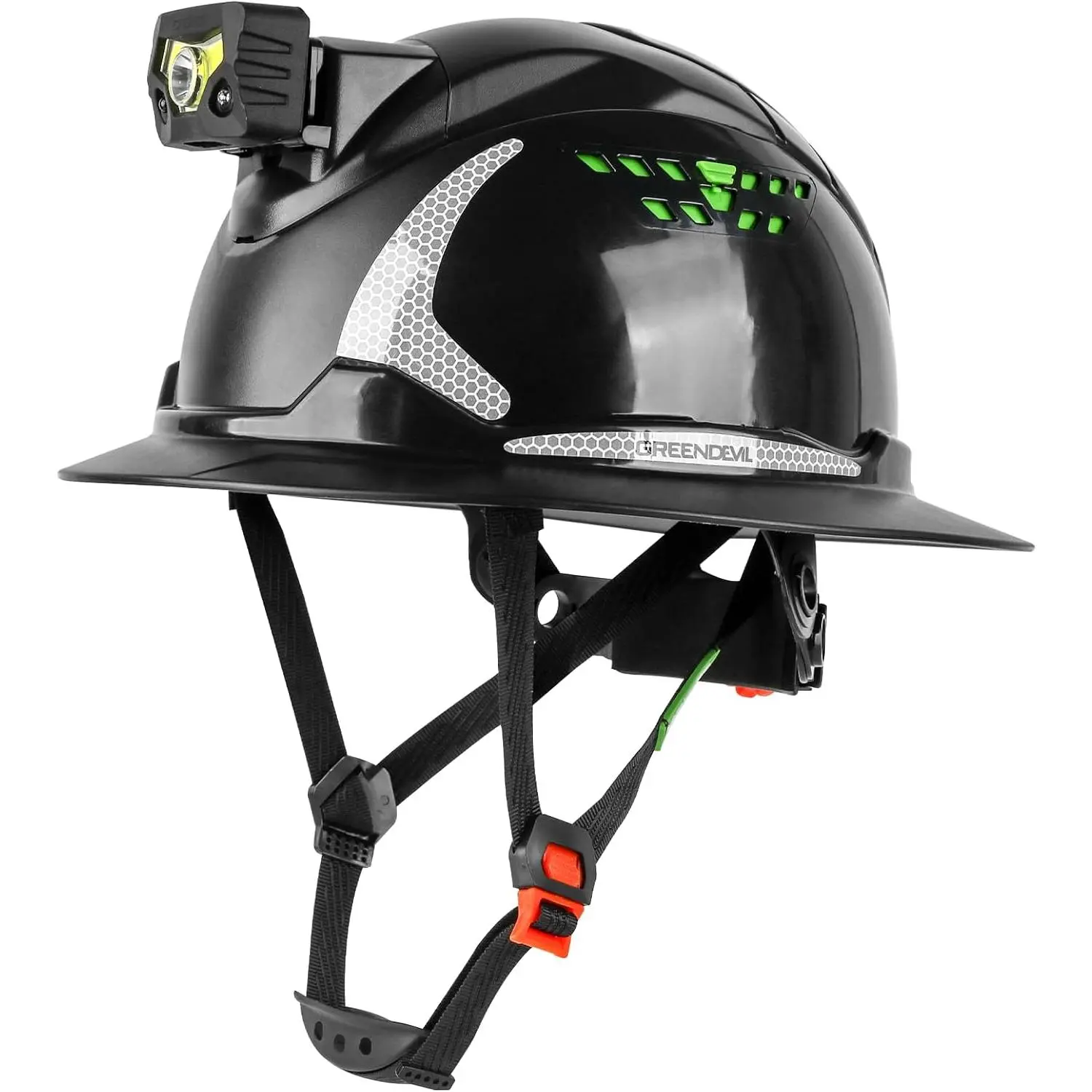 Men's Full Brim Hard Hat with Headlight - 1.9 lbs Vented High-Impact HDPE Safety Gear, 6-Point Suspension, Lightweight, Sun Glare Protection, Enhanced Visibility Weather Shield, Chin Strap for Industrial Work