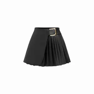 Cider Faux Leather Mid Rise Pleated Buckle Mini Skirt