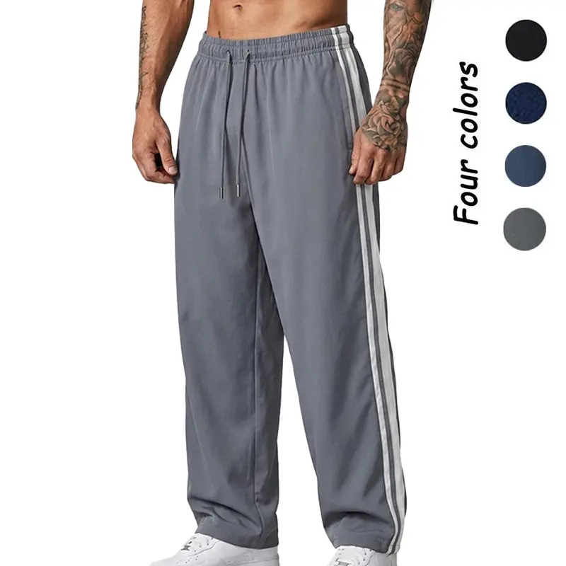 Retro wide-leg athletic sweatpants with three stripes on the side, drawstring elastic waistband, loose straight-leg long pants—versatile streetwear fitness bottoms.