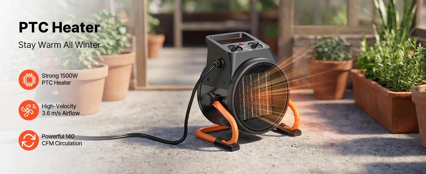 VEVOR 1500W Power PTC Fast Heating Corded Electric Greenhouse Heater with Fan, Steel Housing, Low-High Modes, 15° Angle Aim, Adjustable Temp, Overheat Protection, Grip Handle, Heat & Vent, Portable for Grow Tent, Home Office VEVOR 1500W Power PTC Fast Heating Corded Electric Greenhouse Heater with Fan, Steel Housing, Low-High Modes, 15° Angle Aim, Adjustable Temp, Overheat Protection, Grip Handle, Heat & Vent, Portable for Grow Tent, Home Office