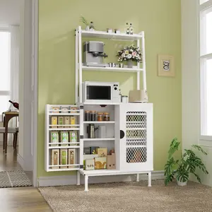 58” Pantry Cabinets with Microwave Shelves, Small Kitchen Pantry Storage Cabinet with Adjustable Shelves, Freestanding Buffet Cupboards Sideboard for Kitchen, Dining Room, Living Room Use (White)