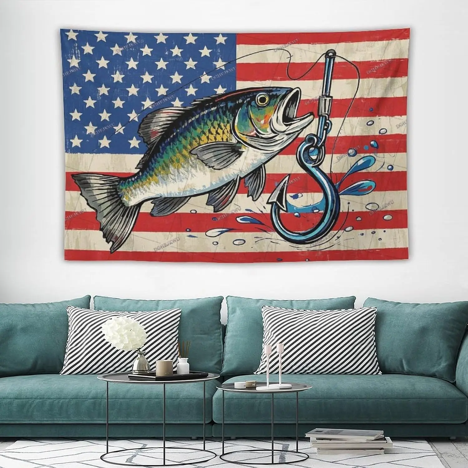 Bass Fishing American Funny Tapestry. Indoor Outdoor Wall Quilt Art Whimsical Tapestry for Bedroom Teens Room Decoration Living Room Bedroom. Multiple sizes are available for selection. Hanging Style