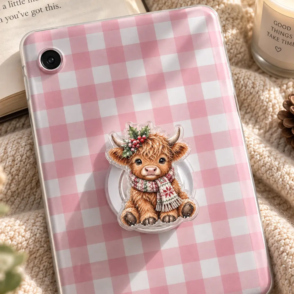 Christmas Highland Cow Phone Grip, Kindle Grip, Holly Cow Magnetic Phone Holder, Festive Cow Phone Accessory, Winter Holiday Gift, Farm Animal Gift, Cow Lover Gift
