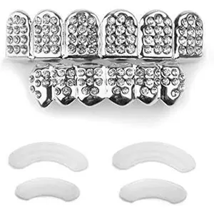 New Custom Fit 14k Plated Gold Diamonds Grillz - Excellent Cut for All Types of Teeth_6pcs Top and Bottom Grill Set