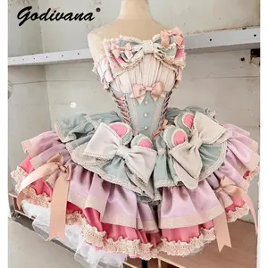 New Girls Birthday Lolita Dress 2026 Spring and Summer Women's Tube Top Satin Bowknot Slim Pettiskirt Short Mini Party Dress