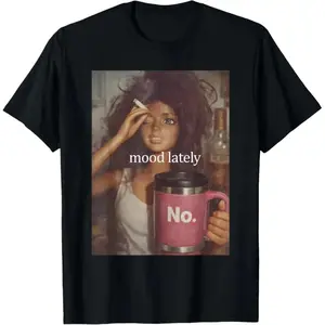Women's 'Mood Lately' Graphic T-Shirt, Funny Distressed Doll Face Meme Top, 100% Cotton Short Sleeve Relaxed Fit Streetwear Apparel, Fabric