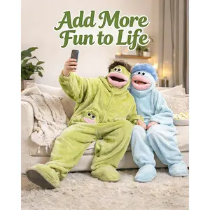 Onesies Adults Silly Big Mouth Monster Pajamas Funny Plush Hooded Loungewear Jumpsuit with Hair and Comb