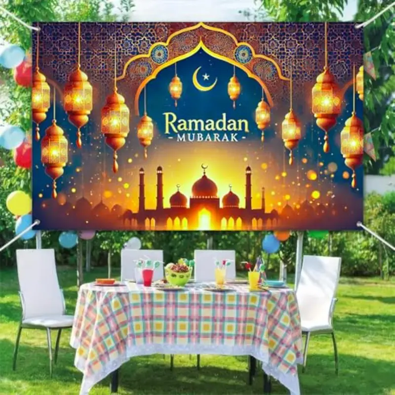 2D Flat Banner 1pc Ramadan Mubarak Sunset Mosque Silhouette Eid Background with Lanterns, Islamic Wall Decor for Muslim Festivals