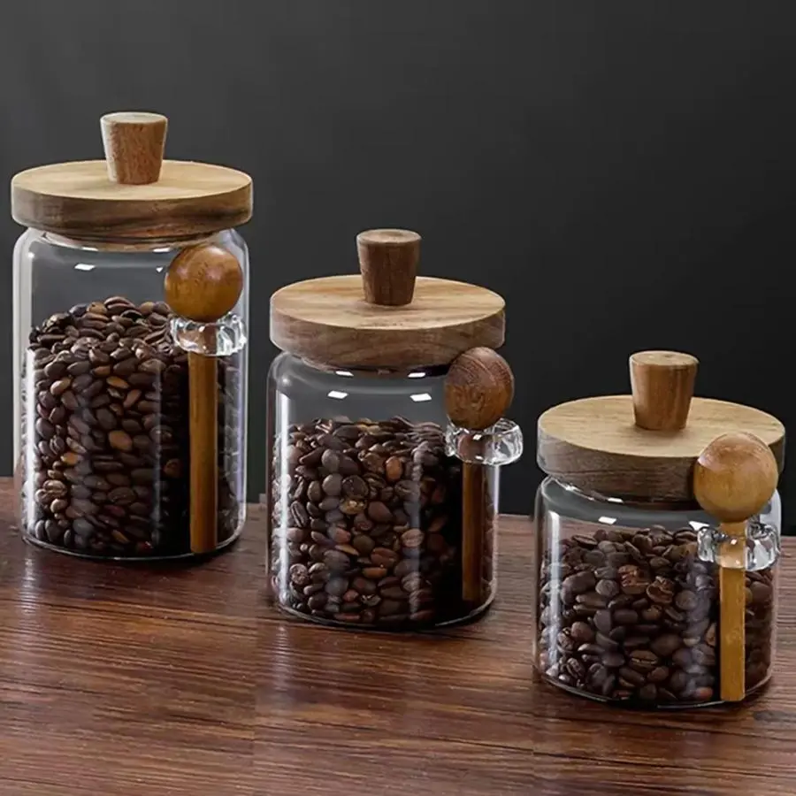 Transparent Glass Storage Jar with Spoon & Wooden Lid, High Borosilicate Heat Resistant Food Sealed Clear Container, Kitchen Organizer, Glass Storage Containers