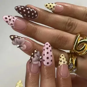 Vintage Polka Dot Almond Nail Art, & French Tip Press-On Nails, Detachable Fake Nails for Women Girls Spring