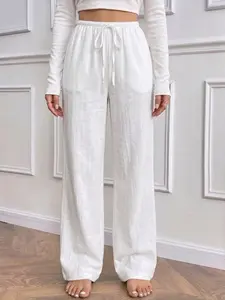 Women's White Linen Lightweight Everyday Wide Leg Pants High Waisted Elastic Drawstring Loose Straight Trousers Minimalist Casual Outfits Casual Lounge Pant