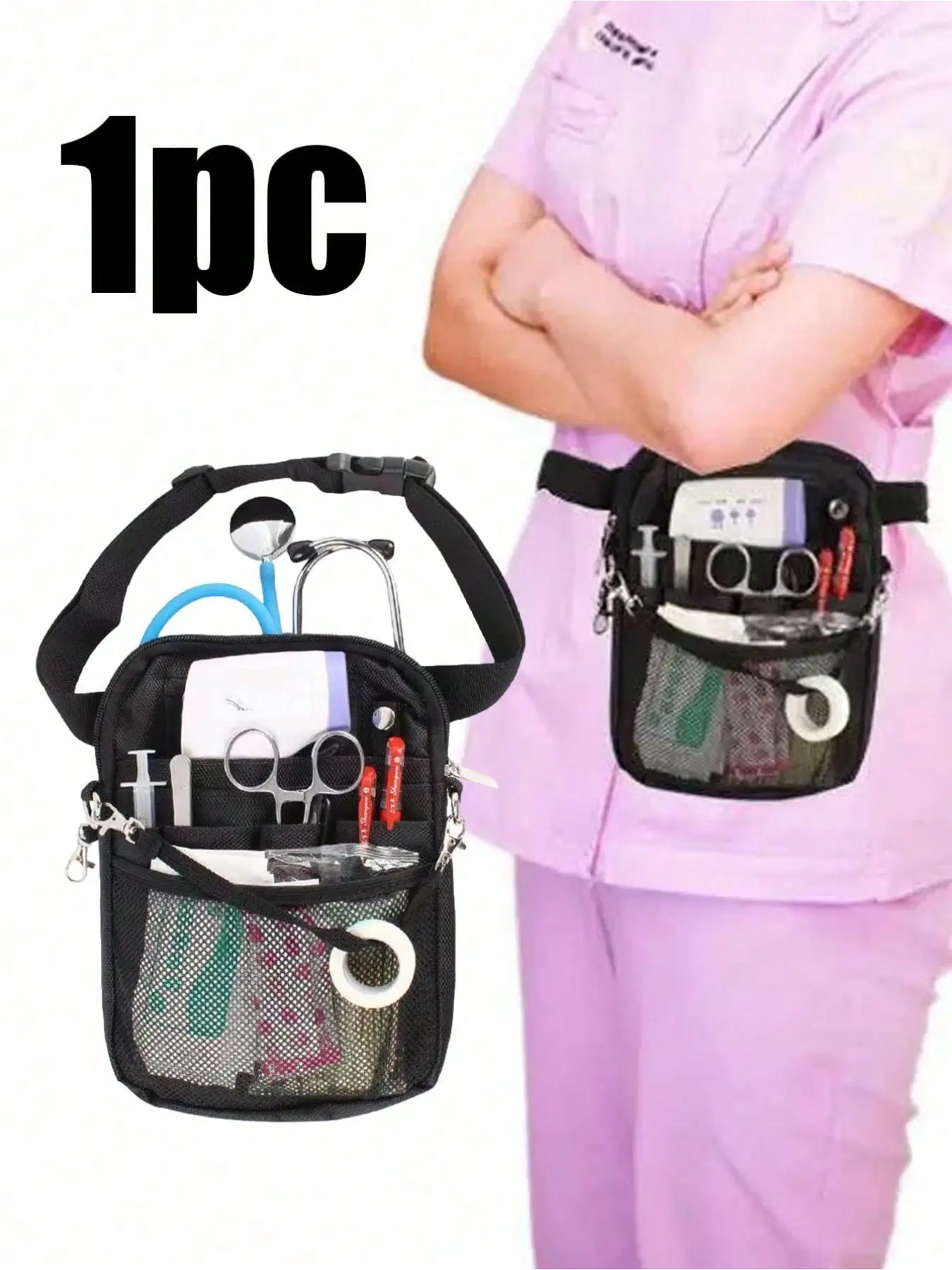 1 storage bag with medical equipment pockets, tape storage bags, and nurse  pack organizer, practical for storing stethoscopes, bandage scissors, and other first-aid supplies, as well as flashlights, scissors, markers, thermometers,