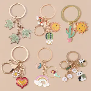 Cute Enamel Maple Leaf Cactus Keychain Panda Key Ring Pendants for Women Girls Handbag Accessories DIY Jewelry Gifts