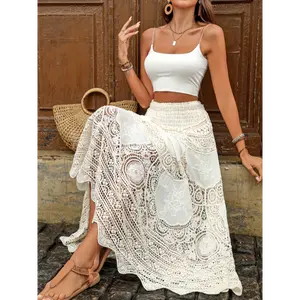2025 Crochet High Waist Skirt, Elegant Solid Color Ankle Length Skirt For Spring & Summer, Women's Clothing