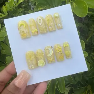 Issa Junkie Yellow Gel Small Press on Nails  Square Medium Junk Charm Press on Set with Unique Designs