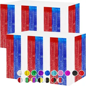 2 Packs Red White Blue Table Skirts July 4th Decorations Foil Fringe Curtain Tinsel Desk Skirt for  Patriotic Party Memorial Day Independence Day Labor Day Decor,29.5x108 inch
