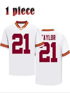 Men's 21 White American Football V Neck Short Sleeve Embroidered Sports T-Shirt, Casual Loose Fit Summer Jersey, Kint Fabric, Sports Clothing