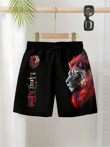 Summer Men's Flame Lion King Printed Shorts, Loose Drawstring Casual Knee-Length Pants, Trendy Beachwear, Slim-Fitting Boys' Shorts