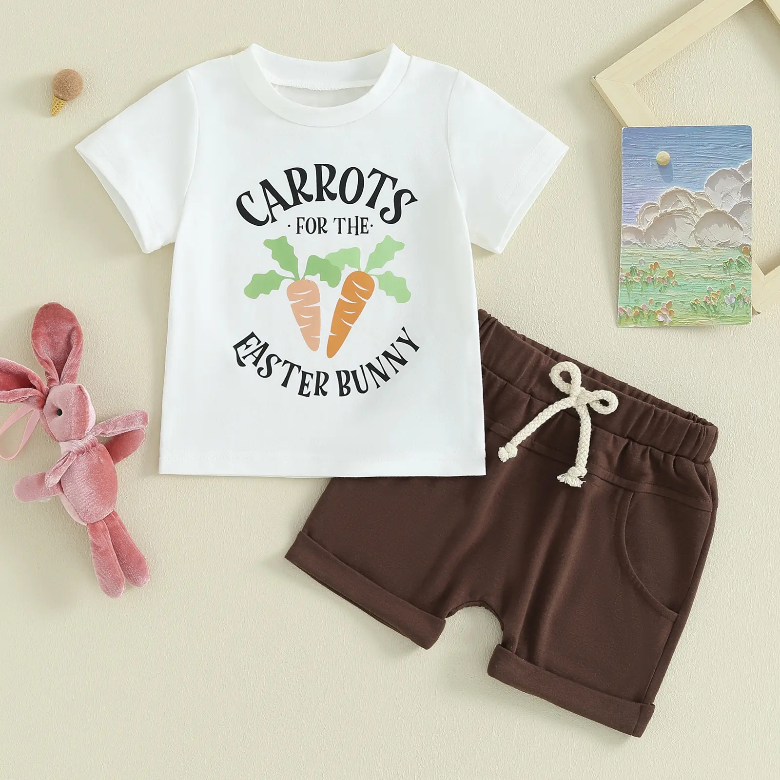 Toddler Baby Boy Easter Clothes Bunny/Carrot Print Short Sleeve T-Shirt with Shorts 2Pcs Casual Outfit